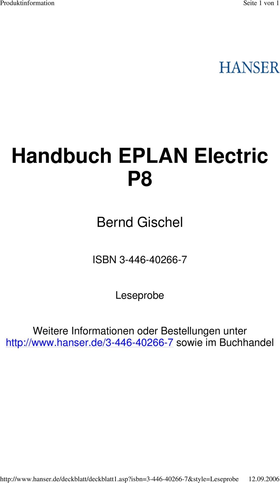 2006 Handbuch EPLAN Electric P8 Bernd Gischel ISBN 3-446-40266-7