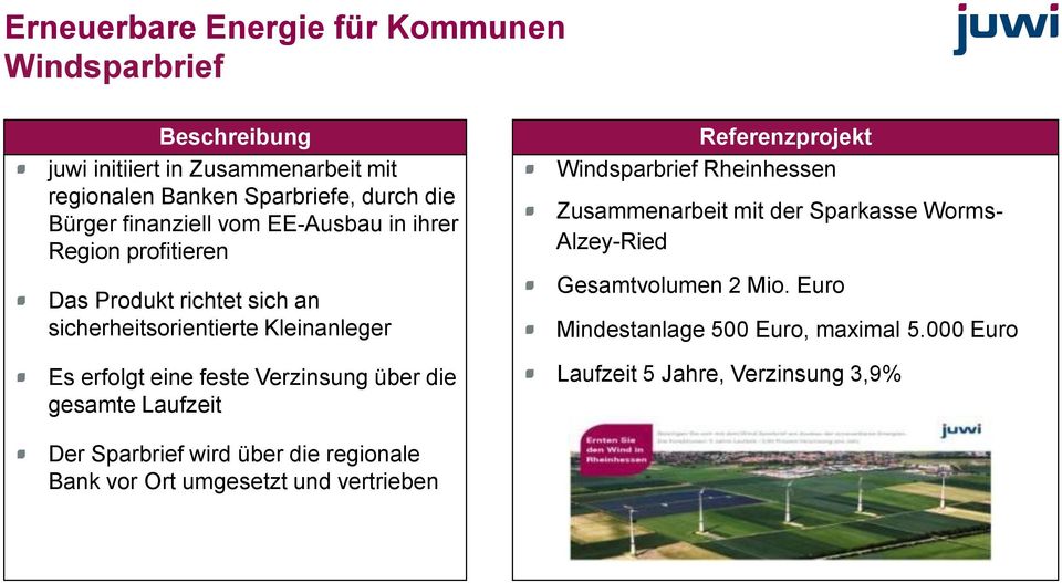 Laufzeit Referenzprojekt Windsparbrief Rheinhessen Zusammenarbeit mit der Sparkasse Worms- Alzey-Ried Gesamtvolumen 2 Mio.