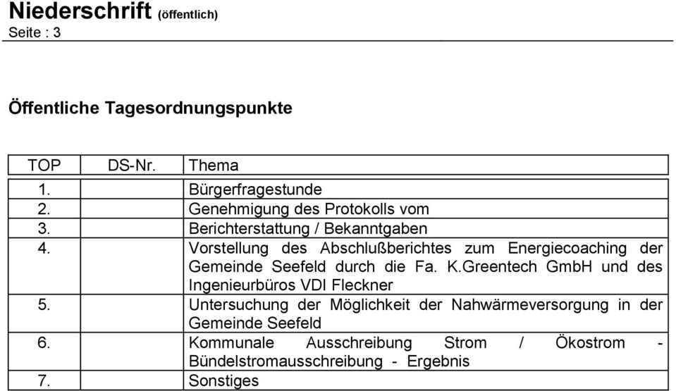 Vorstellung des Abschlußberichtes zum Energiecoaching der Gemeinde Seefeld durch die Fa. K.