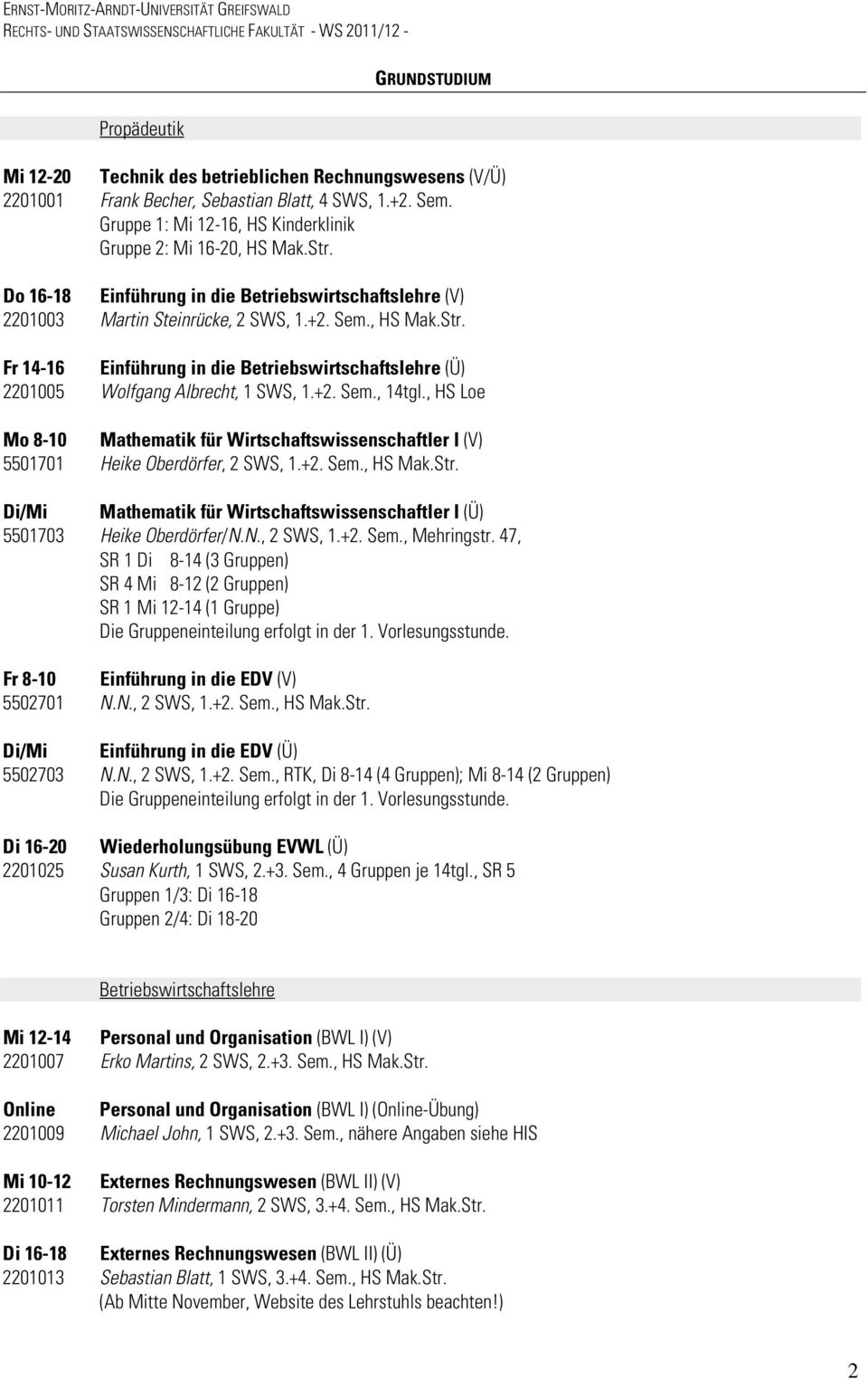 +2. Sem., 14tgl., HS Loe Mo 8-10 Mathematik für Wirtschaftswissenschaftler I (V) 5501701 Heike Oberdörfer, 2 SWS, 1.+2. Sem., HS Mak.Str.