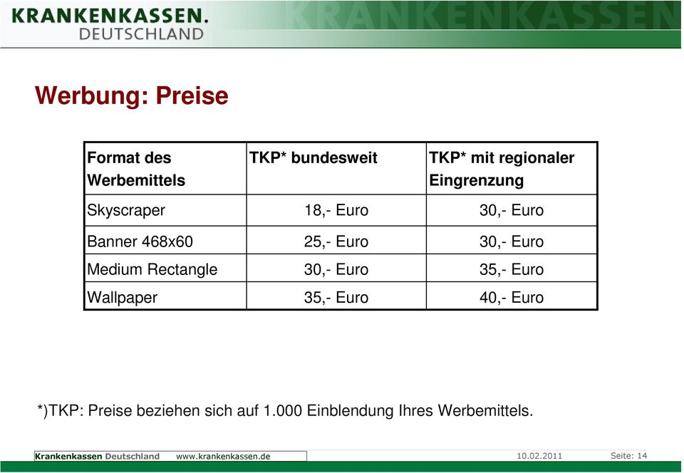 TKP* mit regionaler Eingrenzung 30,- Euro 30,- Euro 35,- Euro 40,- Euro