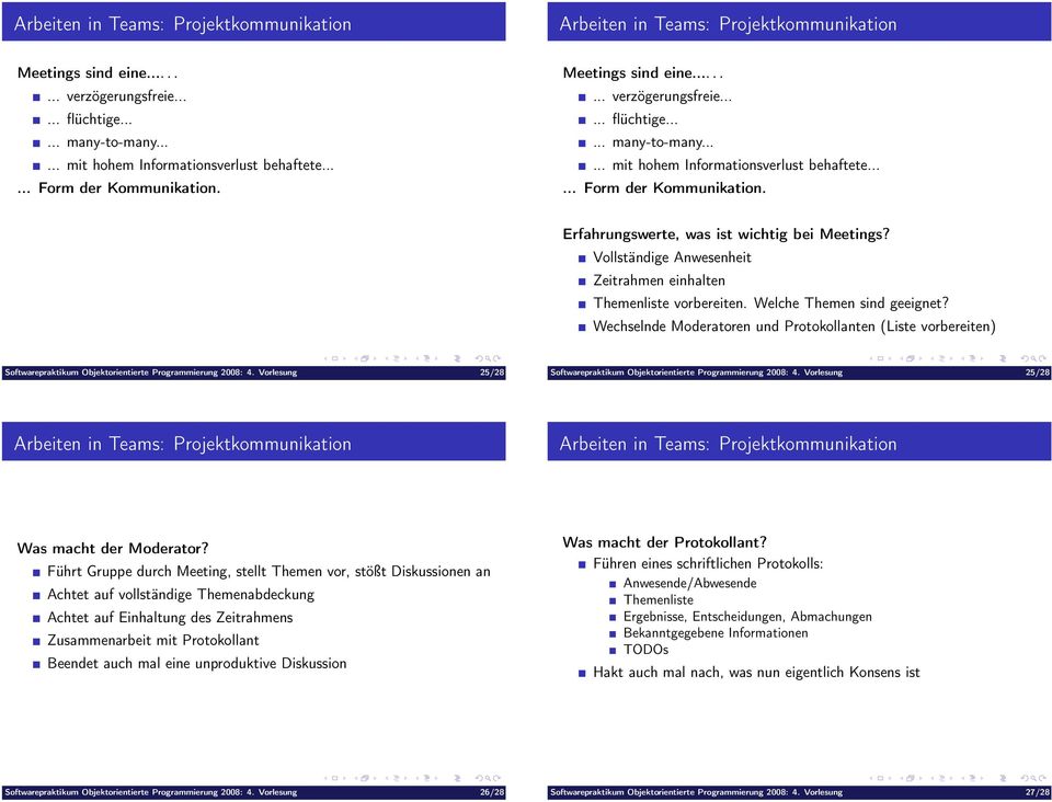 Wechselnde Moderatoren und Protokollanten (Liste vorbereiten) Softwarepraktikum Objektorientierte Programmierung 2008: 4. Vorlesung 25/28 Softwarepraktikum Objektorientierte Programmierung 2008: 4.