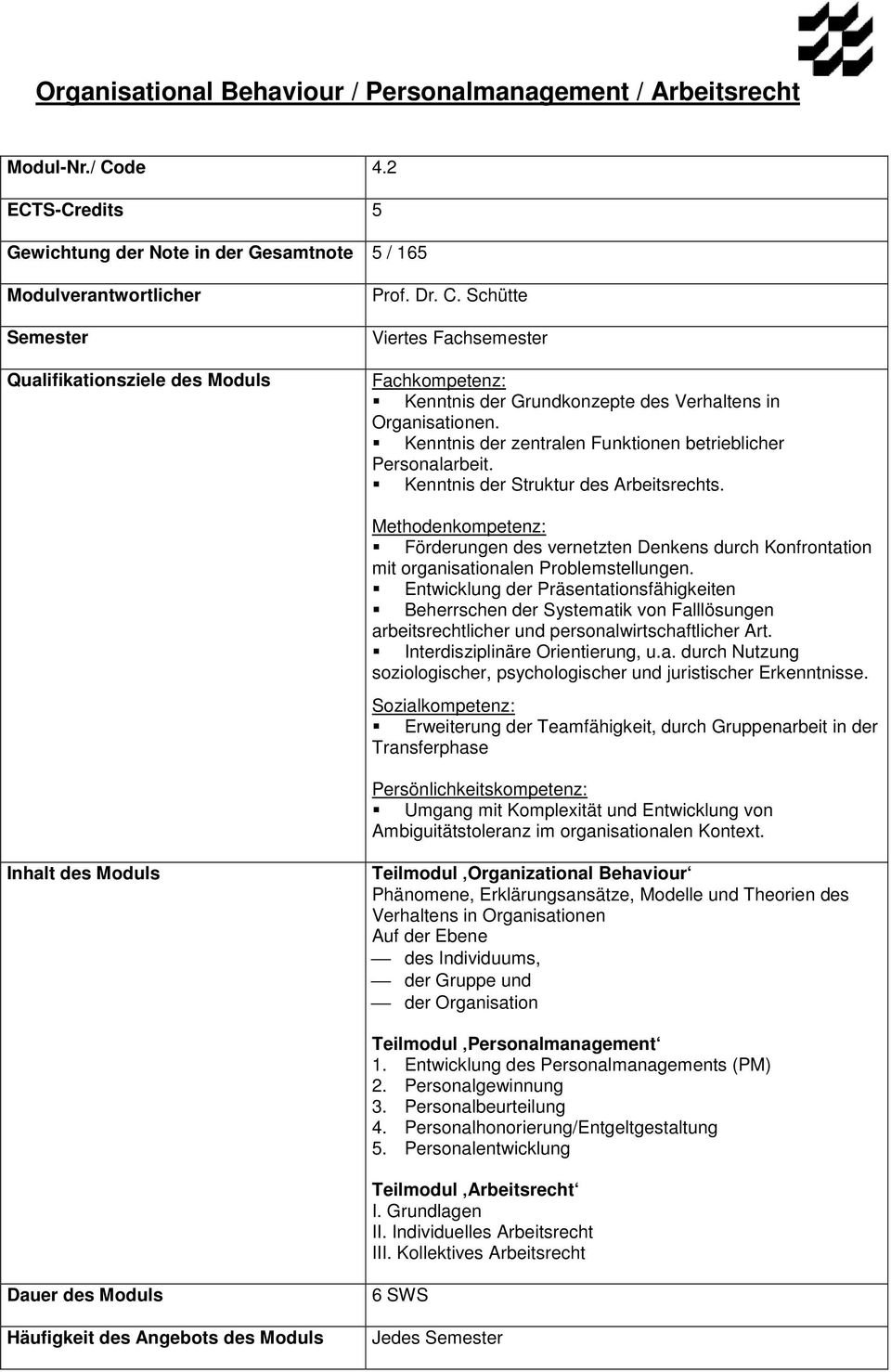 Funktionen betrieblicher Personalarbeit. Kenntnis der Struktur des Arbeitsrechts. Förderungen des vernetzten Denkens durch Konfrontation mit organisationalen Problemstellungen.