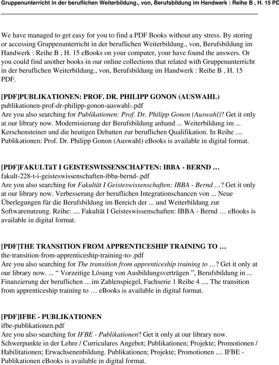 , von, Berufsbildung im Handwerk : Reihe B, H. 15 PDF. [PDF]PUBLIKATIONEN: PROF. DR. PHILIPP GONON (AUSWAHL) publikationen-prof-dr-philipp-gonon-auswahl-.