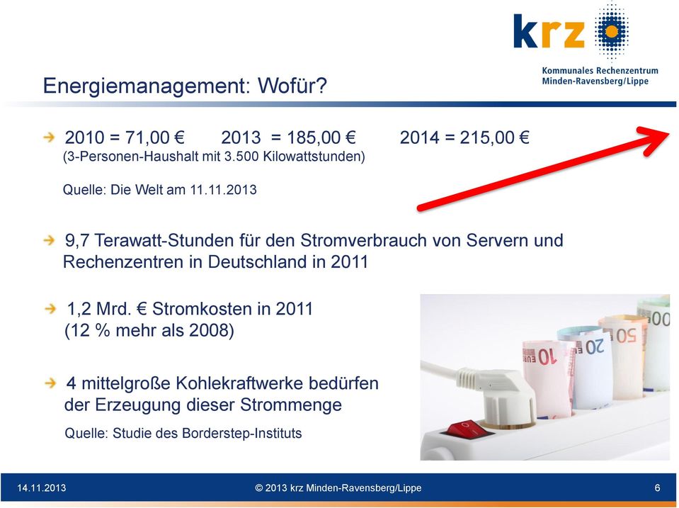 11.2013 9,7 Terawatt-Stunden für den Stromverbrauch von Servern und Rechenzentren in Deutschland in 2011 1,2 Mrd.