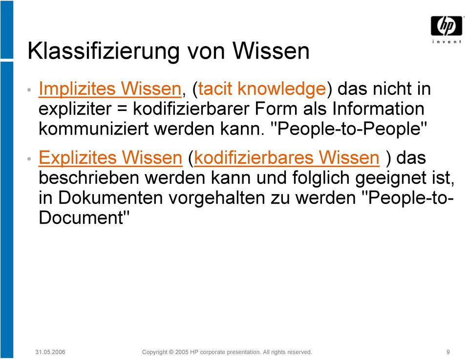 "People-to-People" Explizites Wissen (kodifizierbares Wissen ) das beschrieben werden kann und
