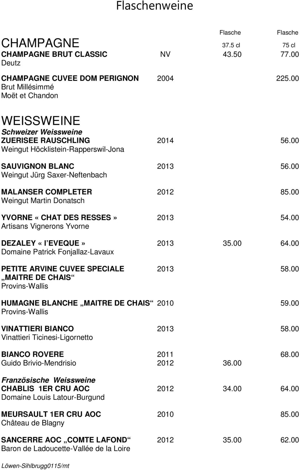 00 Weingut Jürg Saxer-Neftenbach MALANSER COMPLETER 2012 85.00 Weingut Martin Donatsch YVORNE «CHAT DES RESSES» 2013 54.00 Artisans Vignerons Yvorne DEZALEY «l EVEQUE» 2013 35.00 64.