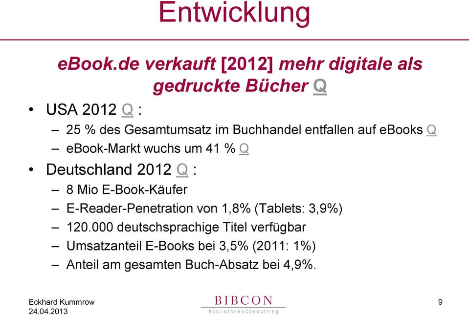 Buchhandel entfallen auf ebooks Q ebook-markt wuchs um 41 % Q Deutschland 2012 Q : 8 Mio