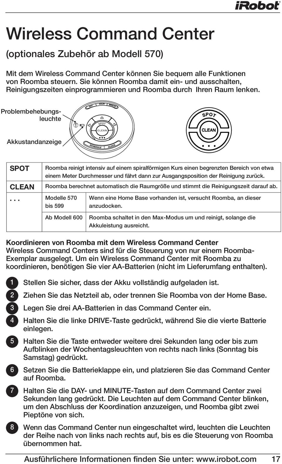 .. Modelle 570 bis 599 Roomba reinigt intensiv auf einem spiralförmigen Kurs einen begrenzten Bereich von etwa einem Meter Durchmesser und fährt dann zur Ausgangsposition der Reinigung zurück.