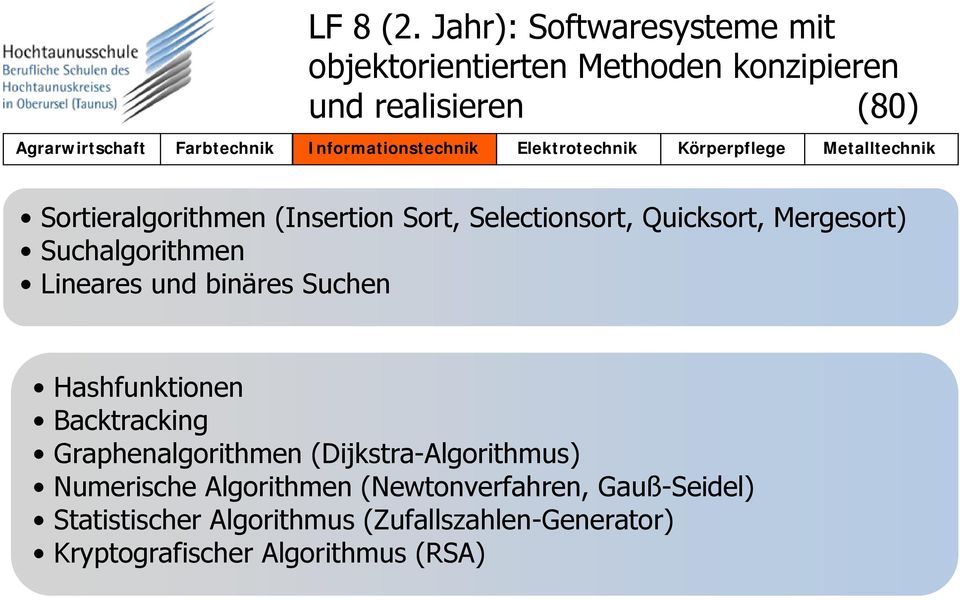 Sortieralgorithmen (Insertion Sort, Selectionsort, Quicksort, Mergesort) Suchalgorithmen Lineares und