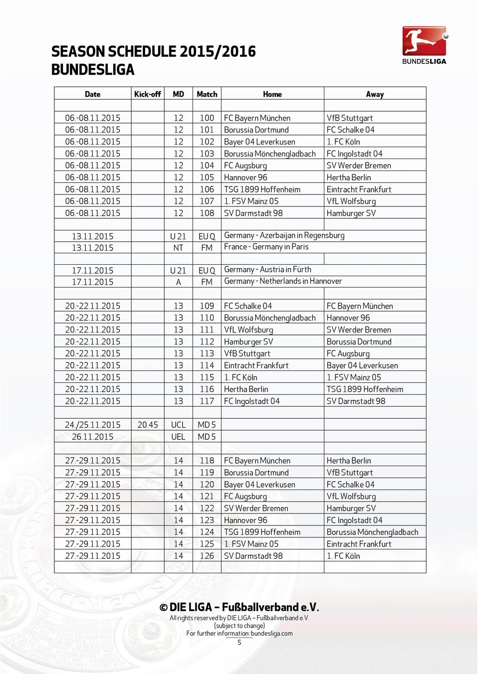 FSV Mainz 05 VfL Wolfsburg 06.-08.11.2015 12 108 SV Darmstadt 98 Hamburger SV 13.11.2015 U 21 EU Q Germany - Azerbaijan in Regensburg 13.11.2015 NT FM France - Germany in Paris 17.11.2015 U 21 EU Q Germany - Austria in Fürth 17.