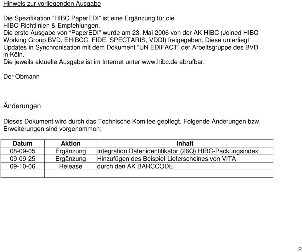 Diese unterliegt Updates in Synchronisation mit dem Dokument UN EDIFACT der Arbeitsgruppe des BVD in Köln. Die jeweils aktuelle Ausgabe ist im Internet unter www.hibc.de abrufbar.