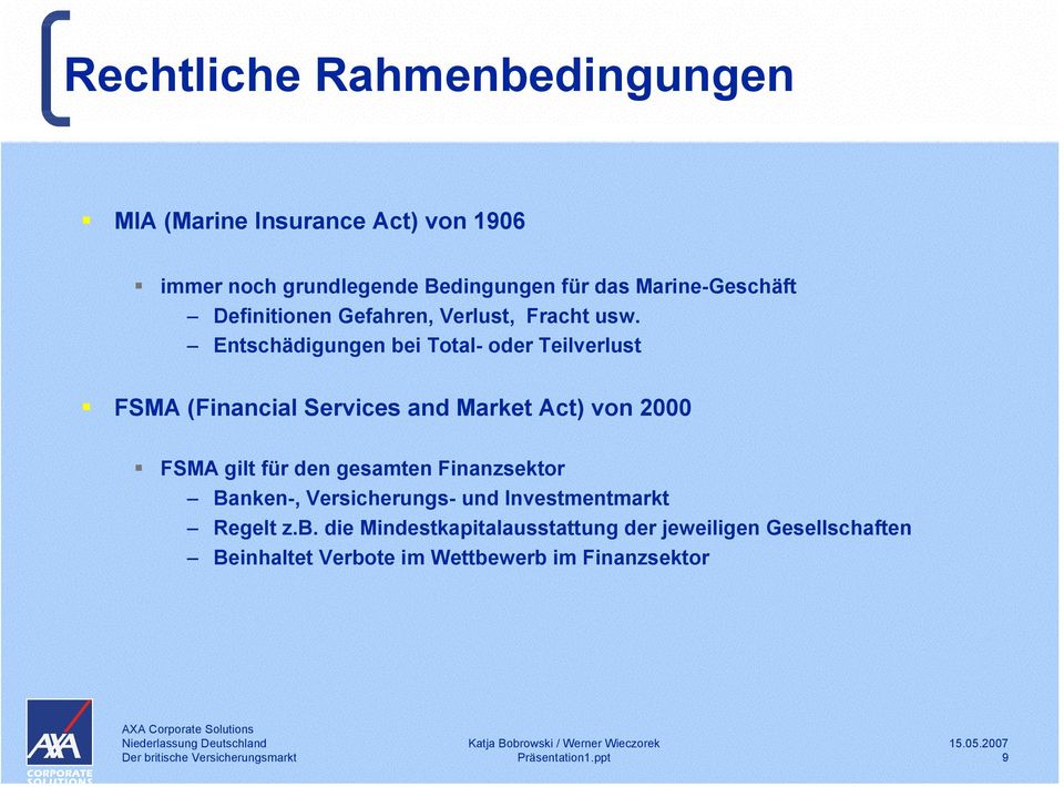 Entschädigungen bei Total- oder Teilverlust FSMA (Financial Services and Market Act) von 2000 FSMA gilt für den