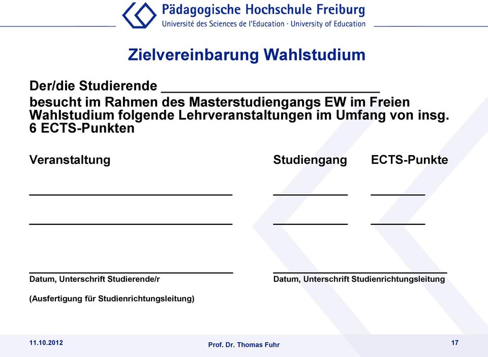 insg. 6 ECTS-Punkten Veranstaltung Studiengang ECTS-Punkte Datum, Unterschrift