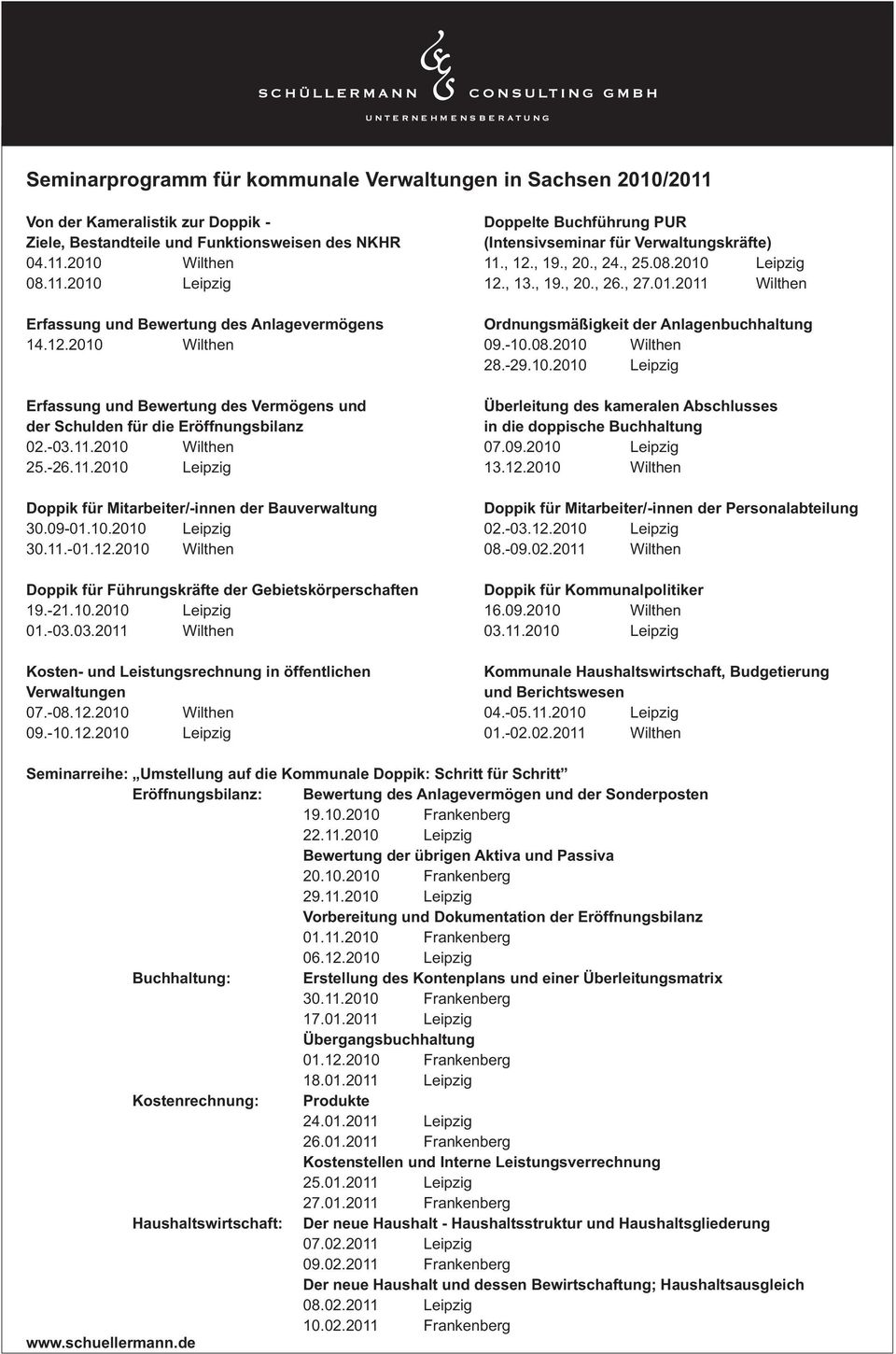 12.2010 Wilthen 09.-10.08.2010 Wilthen 28.-29.10.2010 Leipzig Erfassung und Bewertung des Vermögens und Überleitung des kameralen Abschlusses der Schulden für die Eröffnungsbilanz in die doppische Buchhaltung 02.