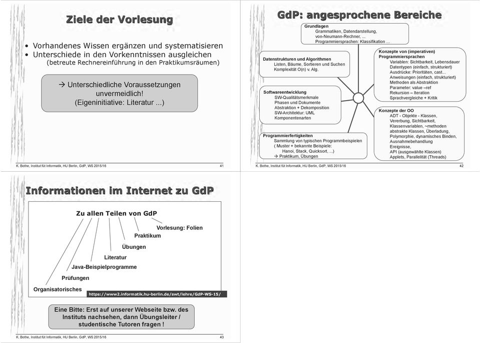 (Eigeninitiative: Literatur ) GdP: angesprochene Bereiche Grundlagen Grammatiken, Datendarstellung, von-neumann-rechner, Programmiersprachen: Klassifikation Datenstrukturen und Algorithmen Listen,