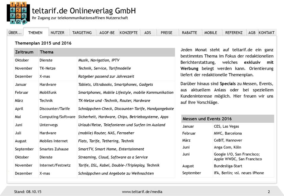 Zeitraum Thema Oktober Dienste Musik, Navigation, IPTV November TK-Netze Technik, Service, Tarifmodelle Dezember X-mas Ratgeber passend zur Jahreszeit Januar Hardware Tablets, Ultrabooks,