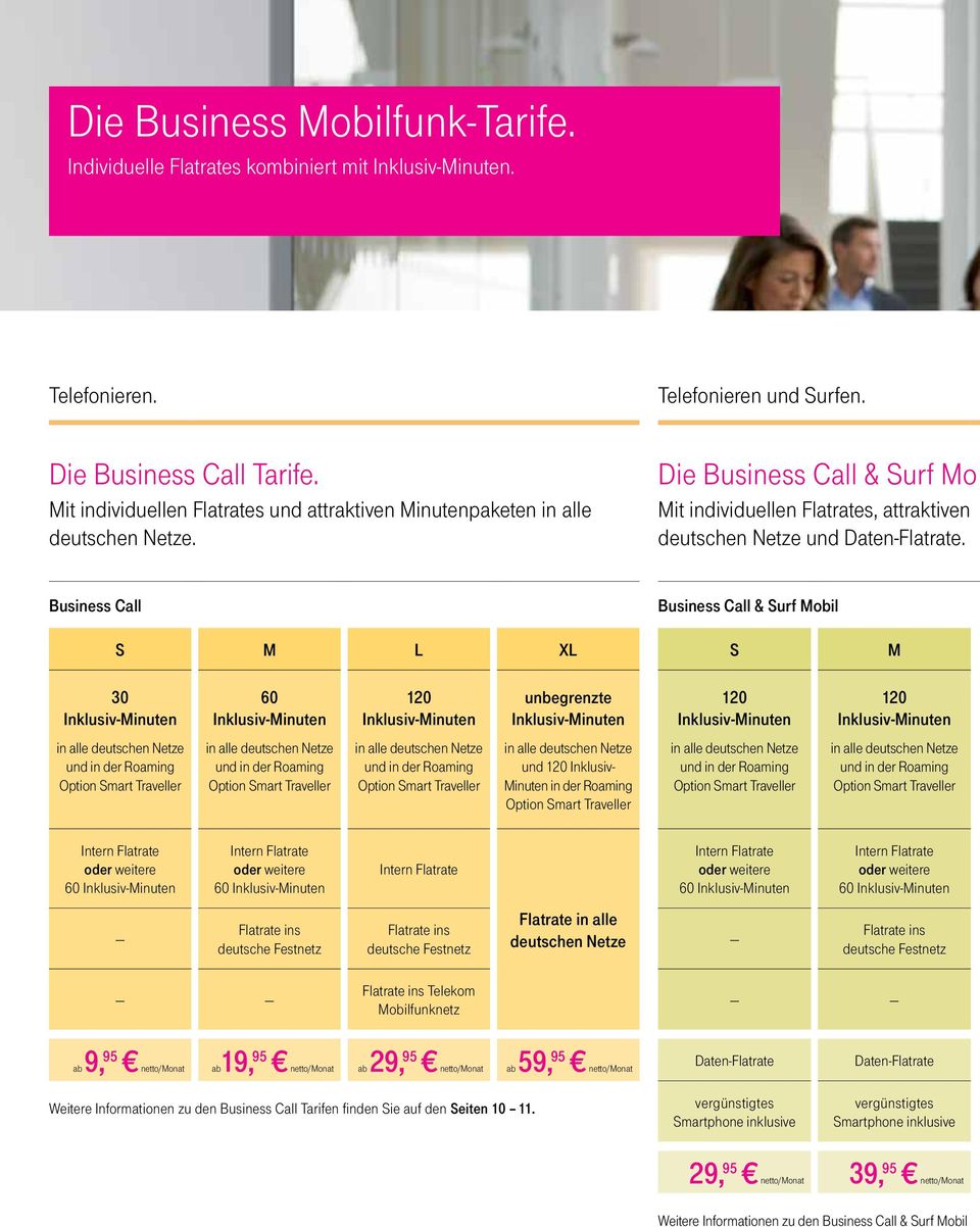 Business Call Business Call & Surf Mobil S M L XL S M 30 Inklusiv -Minuten 60 Inklusiv -Minuten 120 Inklusiv -Minuten unbegrenzte Inklusiv-Minuten 120 Inklusiv -Minuten 120 Inklusiv -Minuten in alle