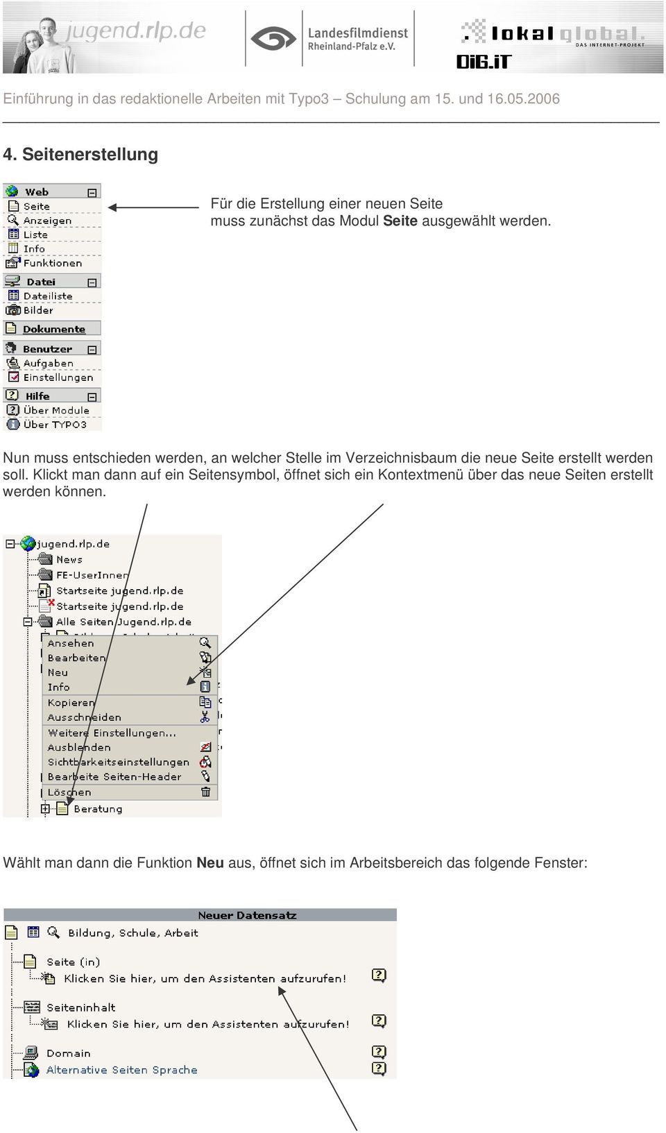 Nun muss entschieden werden, an welcher Stelle im Verzeichnisbaum die neue Seite erstellt werden soll.