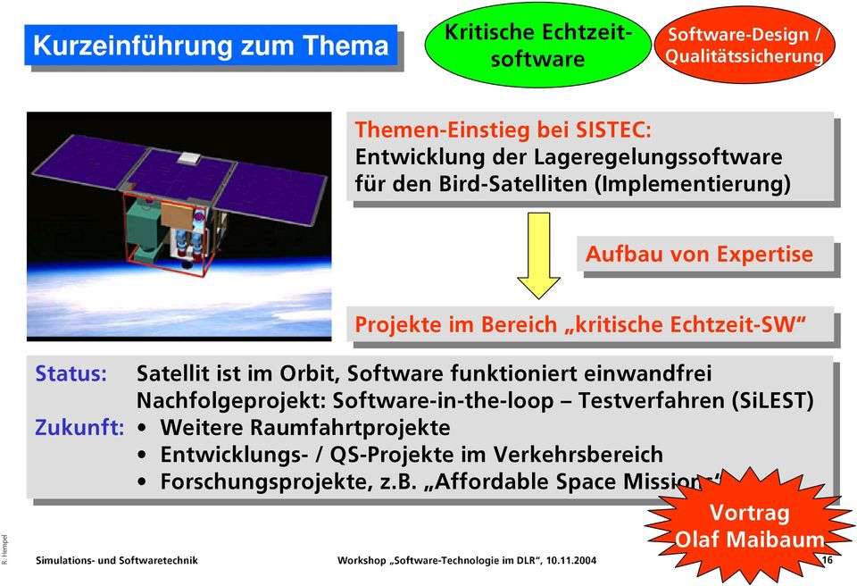 Status: Satellit ist ist im im Orbit, Software funktioniert einwandfrei Nachfolgeprojekt: Software-in-the-loop Testverfahren (SiLEST) Zukunft: