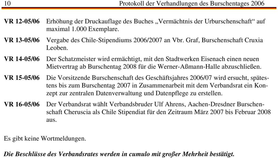 VR 15-05/06 Die Vorsitzende Burschenschaft des Geschäftsjahres 2006/07 wird ersucht, spätestens bis zum Burschentag 2007 in Zusammenarbeit mit dem Verbandsrat ein Konzept zur zentralen