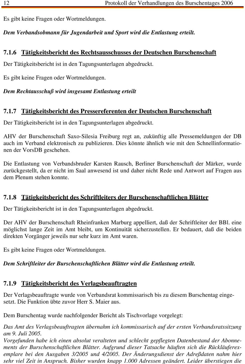 7 Tätigkeitsbericht des Pressereferenten der Deutschen Burschenschaft Der Tätigkeitsbericht ist in den Tagungsunterlagen abgedruckt.