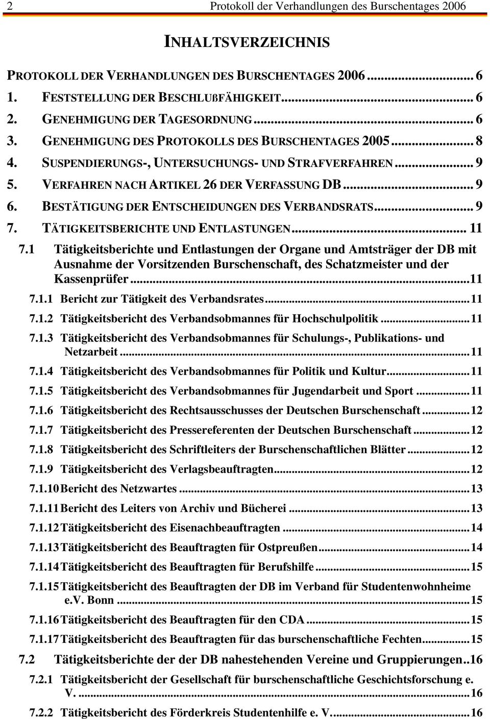 BESTÄTIGUNG DER ENTSCHEIDUNGEN DES VERBANDSRATS... 9 7. TÄTIGKEITSBERICHTE UND ENTLASTUNGEN... 11 7.