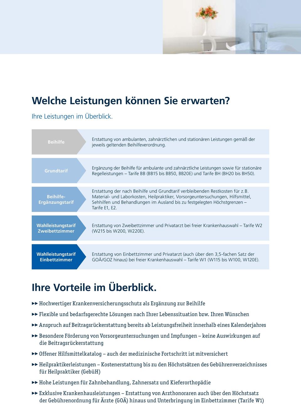 Erstattung der nach Beihilfe und Grundtarif verbleibenden Restkosten für z. B. Material- und Laborkosten, Heilpraktiker, Vorsorgeuntersuchungen, Hilfsmittel, Sehhilfen und Behandlungen im Ausland bis zu fest ge legten Höchstgrenzen Tarife E1, E2.