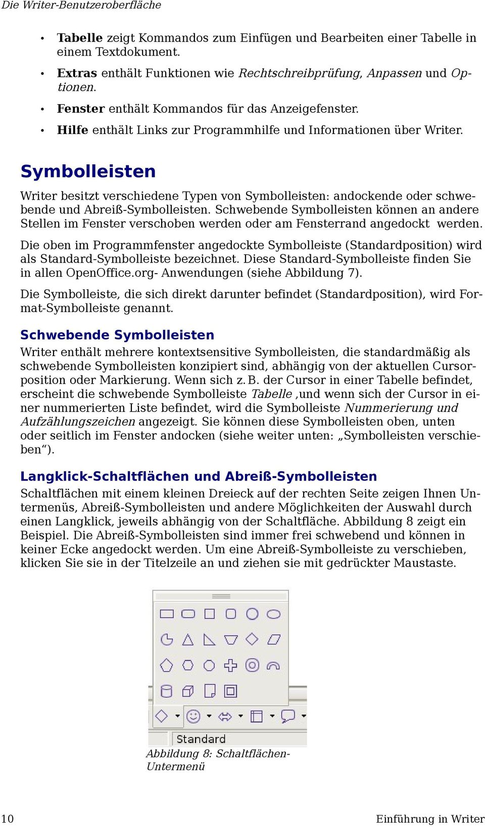 Symbolleisten Writer besitzt verschiedene Typen von Symbolleisten: andockende oder schwebende und Abreiß-Symbolleisten.
