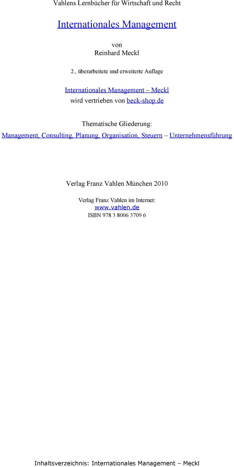 de Thematische Gliederung: Management, Consulting, Planung, Organisation, Steuern Unternehmensführung Verlag