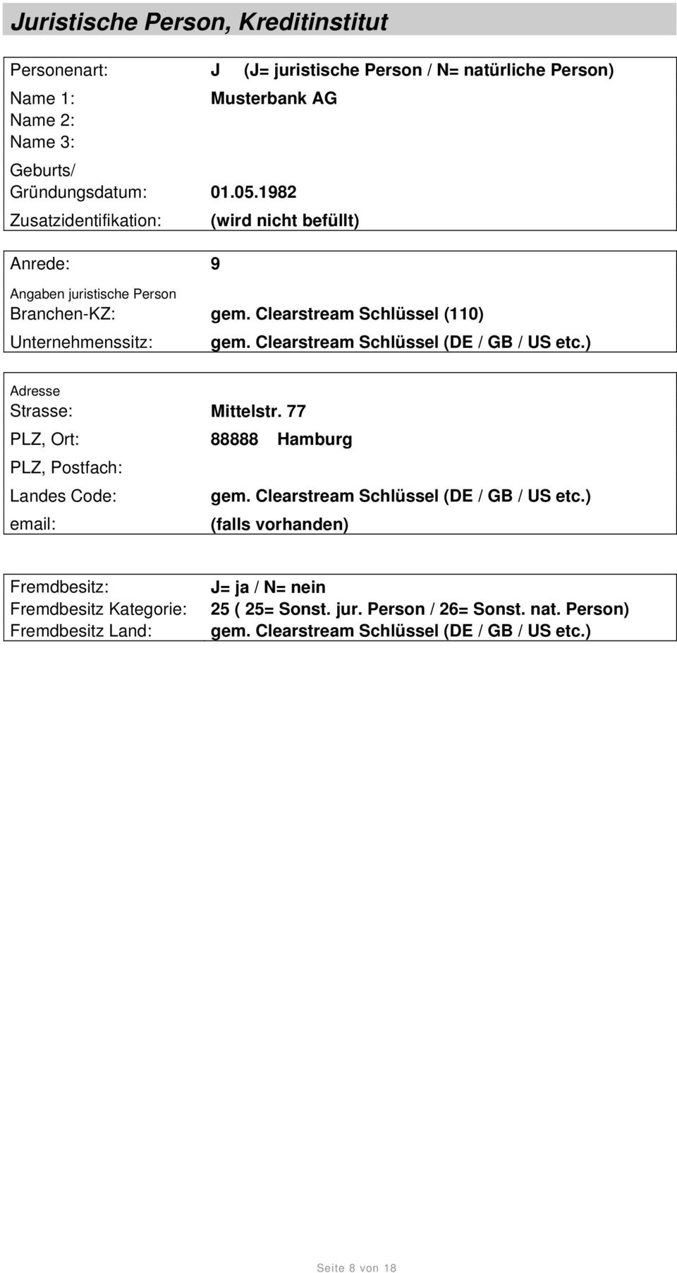 Clearstream Schlüssel (110) Unternehmenssitz: Strasse: Mittelstr.