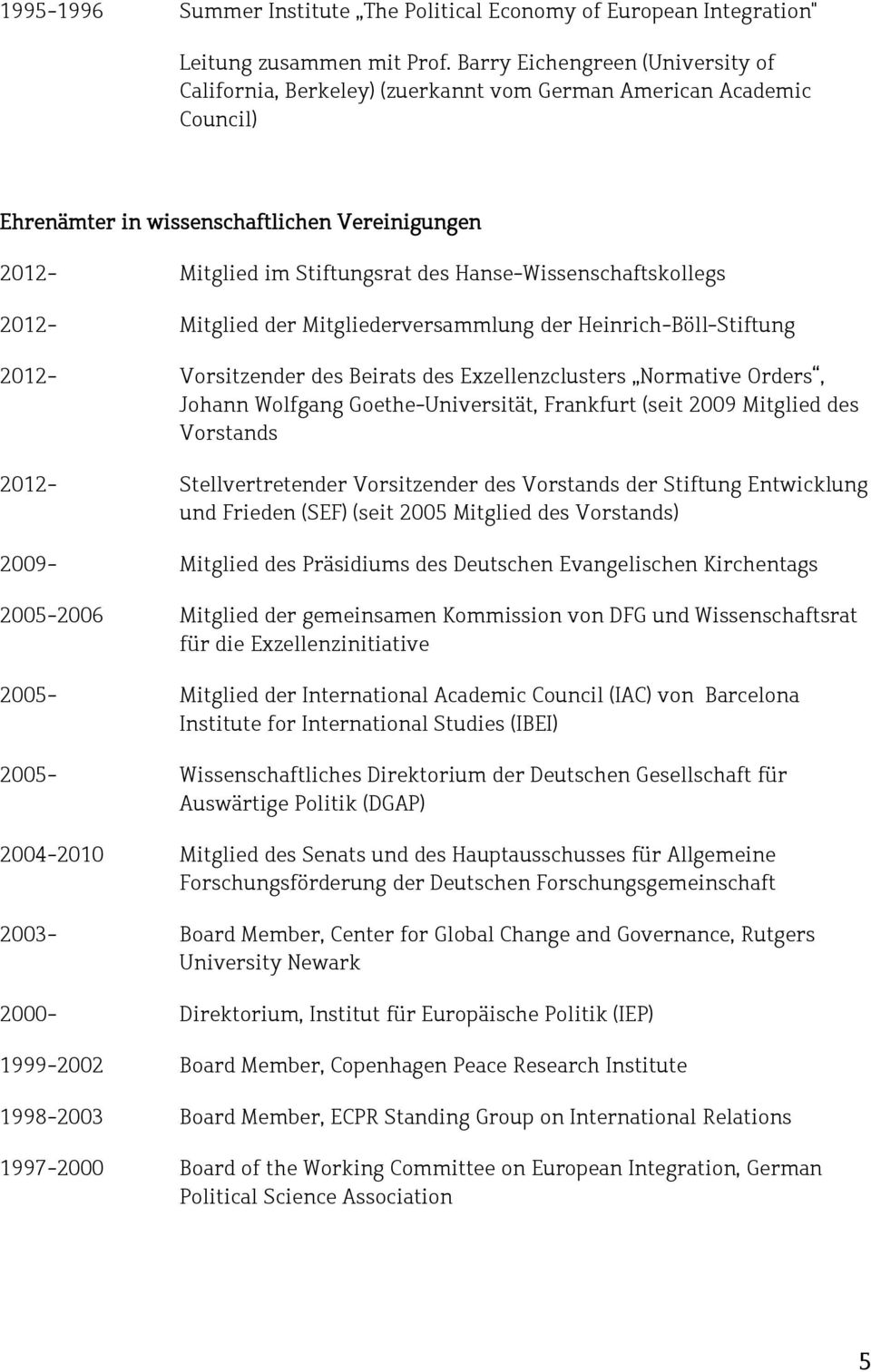 Hanse-Wissenschaftskollegs 2012- Mitglied der Mitgliederversammlung der Heinrich-Böll-Stiftung 2012- Vorsitzender des Beirats des Exzellenzclusters Normative Orders, Johann Wolfgang