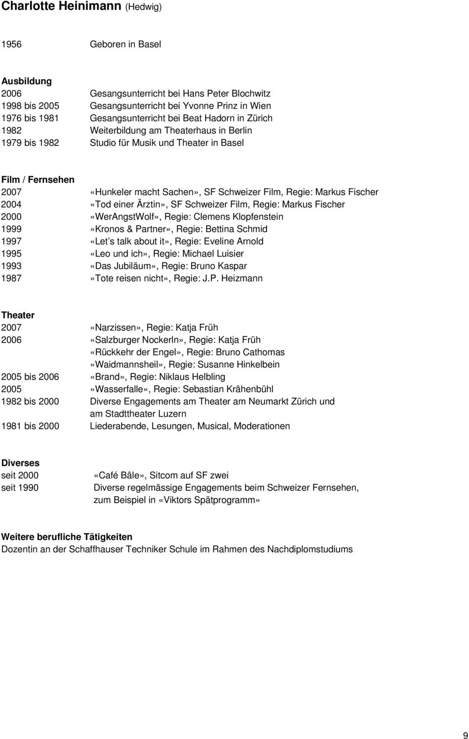 Fischer 2004 «Tod einer Ärztin», SF Schweizer Film, Regie: Markus Fischer 2000 «WerAngstWolf», Regie: Clemens Klopfenstein 1999 «Kronos & Partner», Regie: Bettina Schmid 1997 «Let s talk about it»,