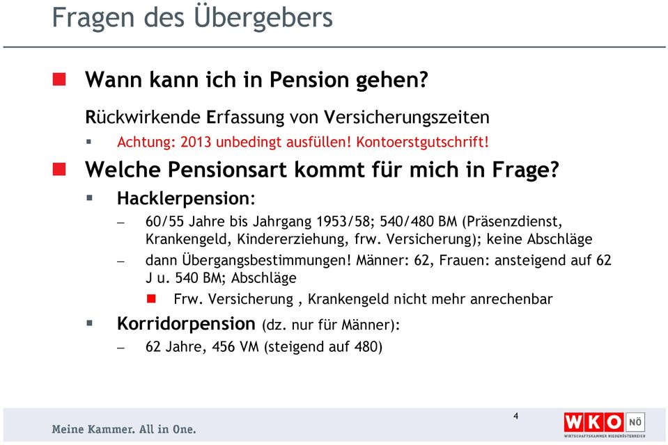 Hacklerpension: 60/55 Jahre bis Jahrgang 1953/58; 540/480 BM (Präsenzdienst, Krankengeld, Kindererziehung, frw.