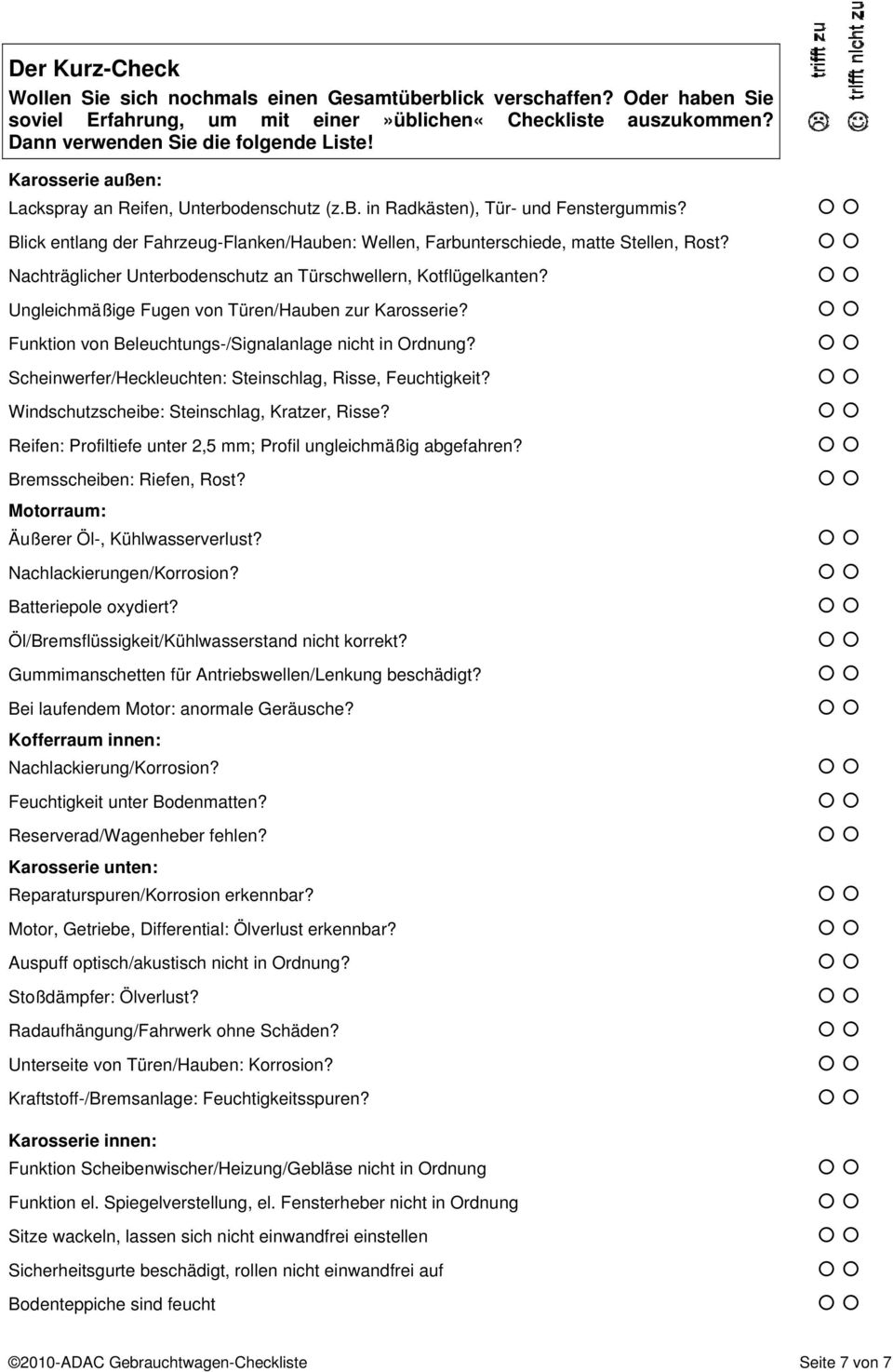 Nachträglicher Unterbodenschutz an Türschwellern, Kotflügelkanten? Ungleichmäßige Fugen von Türen/Hauben zur Karosserie? Funktion von Beleuchtungs-/Signalanlage nicht in Ordnung?