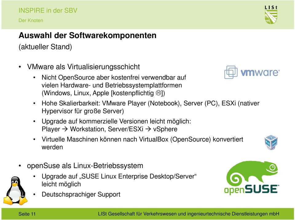 große Server) Upgrade auf kommerzielle Versionen leicht möglich: Player Workstation, Server/ESXi vsphere Virtuelle Maschinen können nach VirtualBox