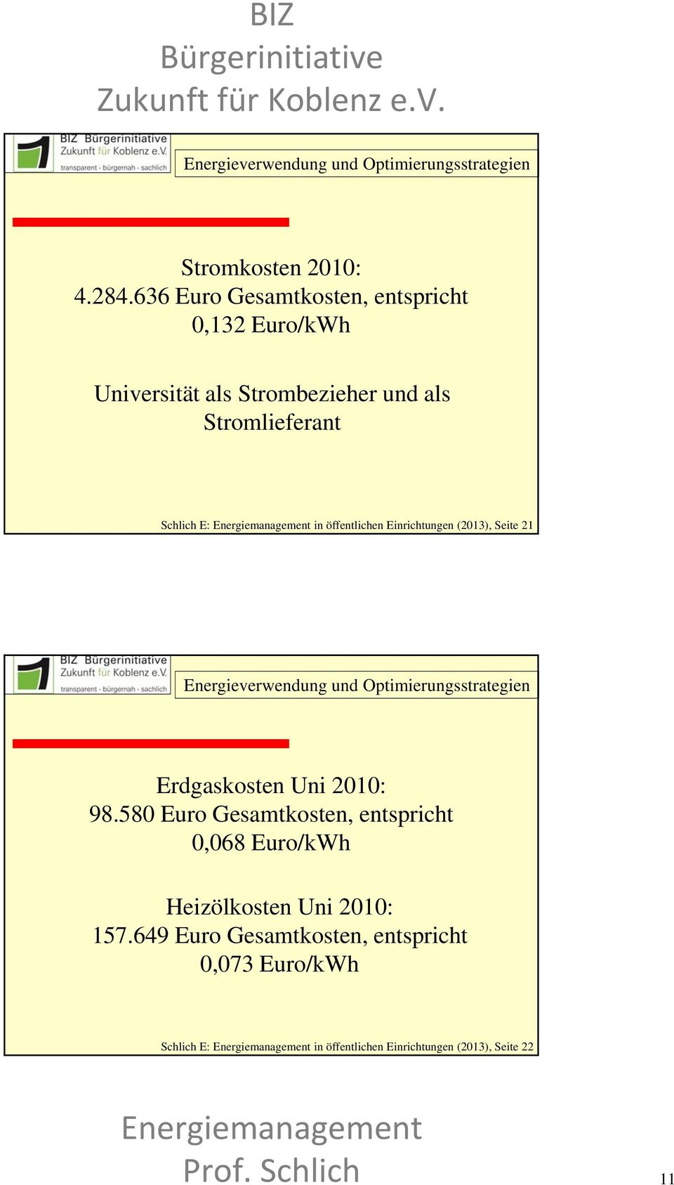 Stromlieferant Schlich E: in öffentlichen Einrichtungen (2013), Seite 21 Erdgaskosten Uni 2010: 98.