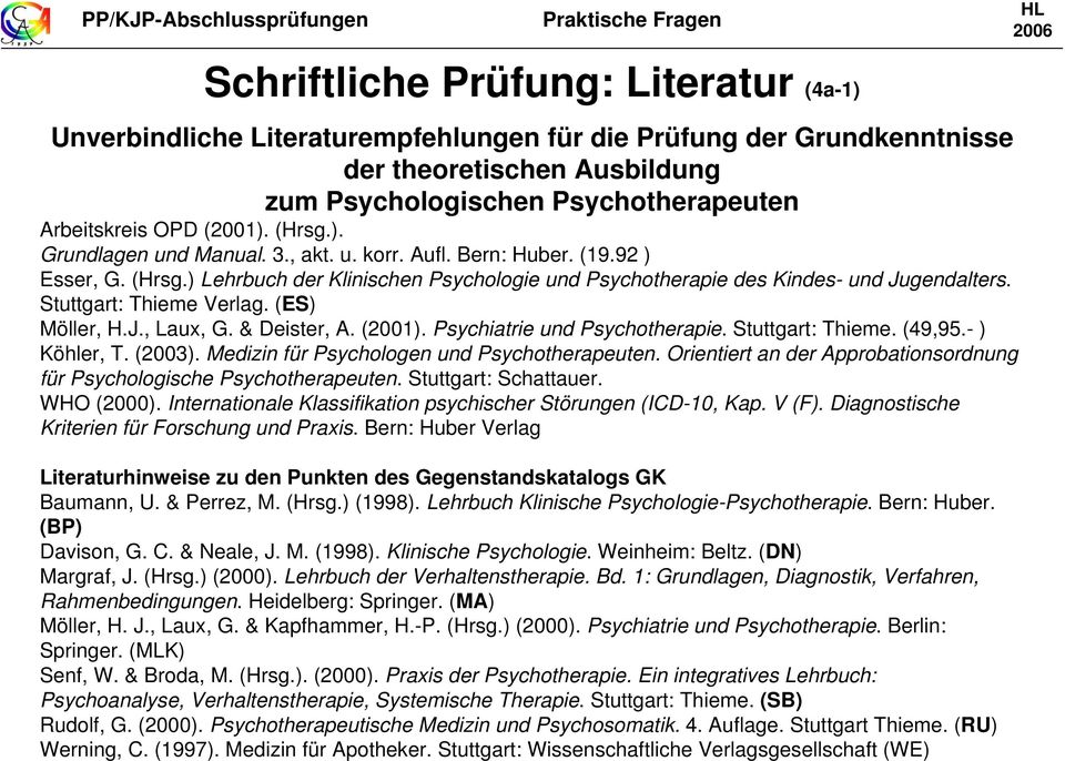 Stuttgart: Thieme Verlag. (ES) Möller, H.J., Laux, G. & Deister, A. (2001). Psychiatrie und Psychotherapie. Stuttgart: Thieme. (49,95.- ) Köhler, T. (2003).