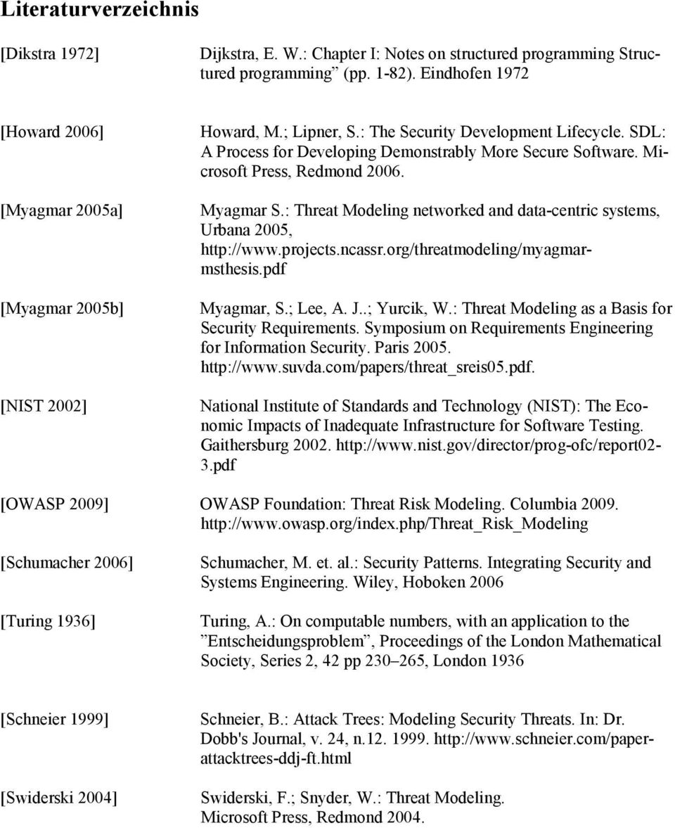 Microsoft Press, Redmond 2006. Myagmar S.: Threat Modeling networked and data-centric systems, Urbana 2005, http://www.projects.ncassr.org/threatmodeling/myagmarmsthesis.pdf Myagmar, S.; Lee, A. J.