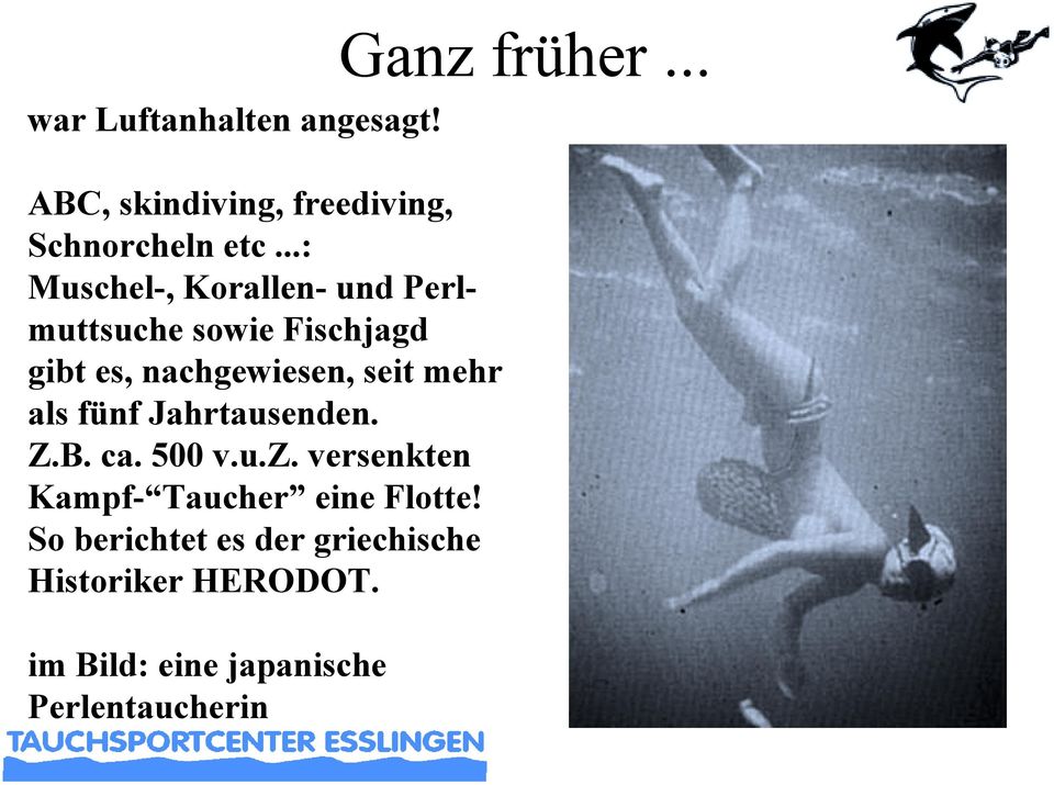 mehr als fünf Jahrtausenden. Z.B. ca. 500 v.u.z. versenkten Kampf- Taucher eine Flotte!