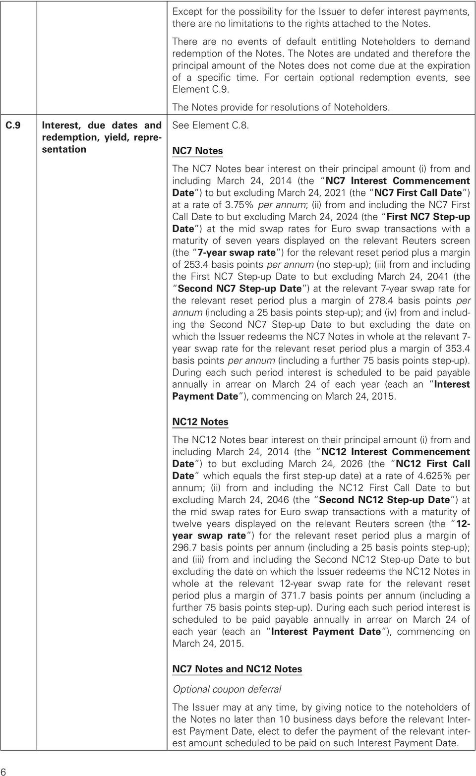 The Notes are undated and therefore the principal amount of the Notes does not come due at the expiration of a specific time. For certain optional redemption events, see Element C.9.