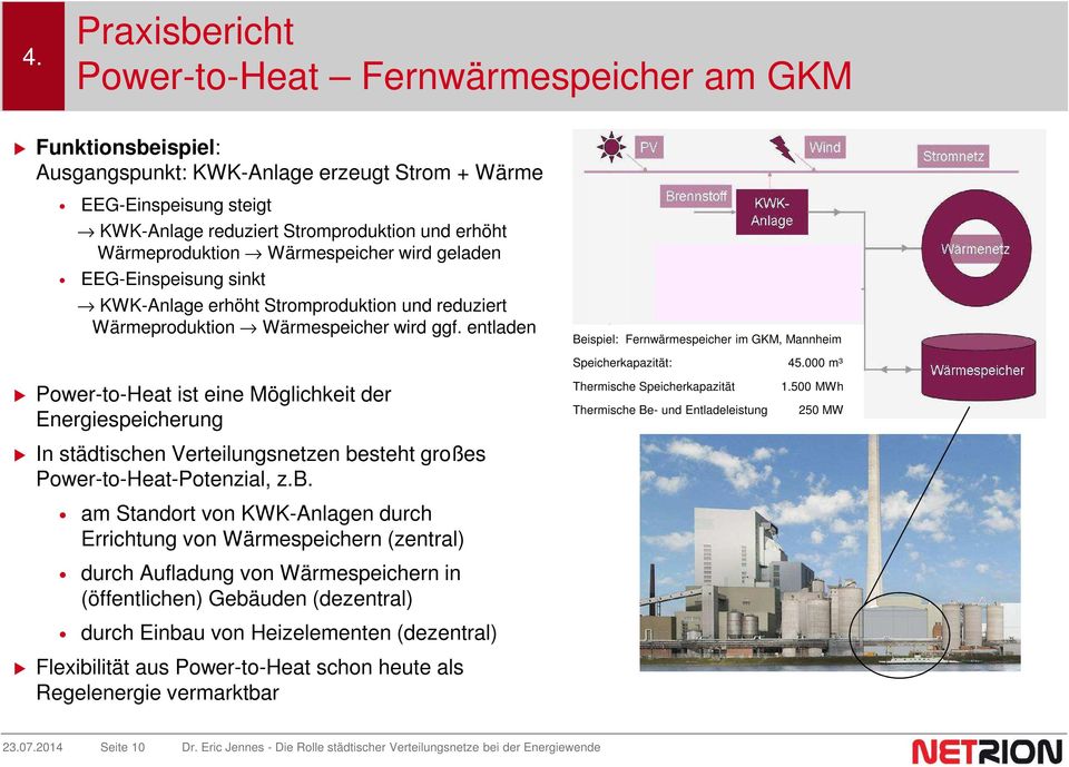 entladen Beispiel: Fernwärmespeicher im GKM, Mannheim Speicherkapazität: 45.000 m³ Power-to-Heat ist eine Möglichkeit der Energiespeicherung Thermische Speicherkapazität 1.