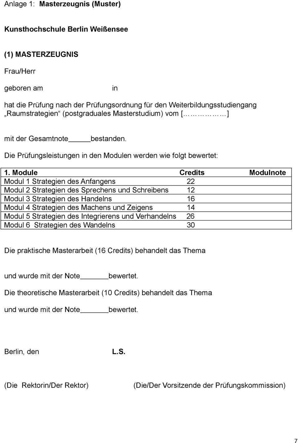 Module Credits Modulnote Modul 1 Strategien des Anfangens 22 Modul 2 Strategien des Sprechens und Schreibens 12 Modul 3 Strategien des Handelns 16 Modul 4 Strategien des Machens und Zeigens 14 Modul