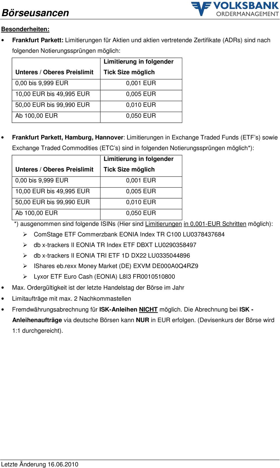 Traded Funds (ETF s) sowie Exchange Traded Commodities (ETC s) sind in folgenden Notierungssprüngen möglich*): Limitierung in folgender Unteres / Oberes Preislimit Tick Size möglich 0,00 bis 9,999