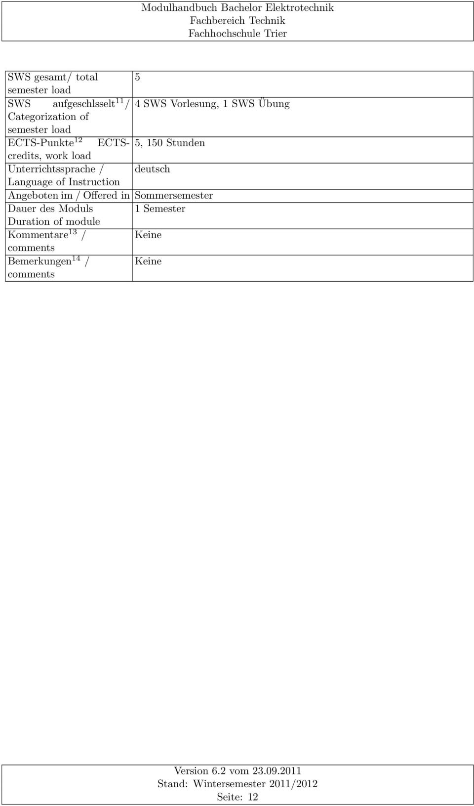 Unterrichtssprache / deutsch Language of Instruction Angeboten im / Offered in