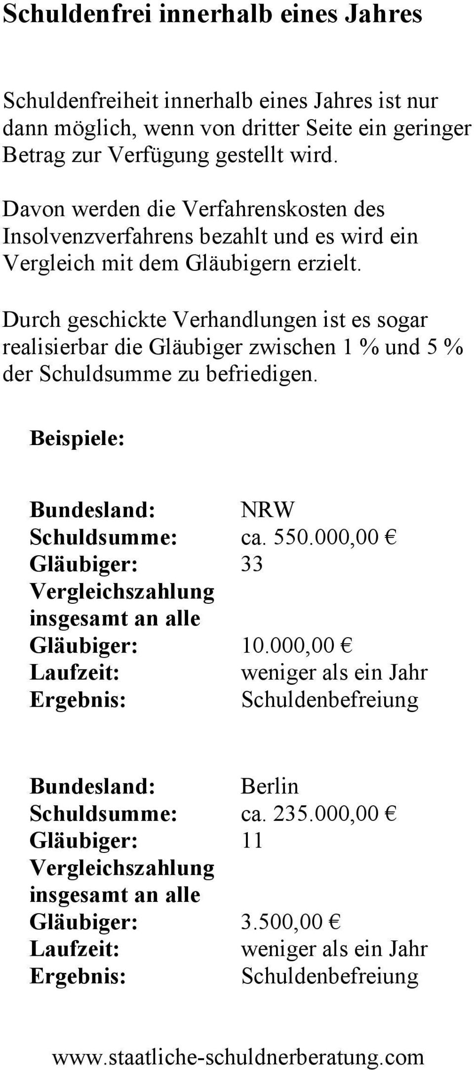 Durch geschickte Verhandlungen ist es sogar realisierbar die Gläubiger zwischen 1 % und 5 % der Schuldsumme zu befriedigen.