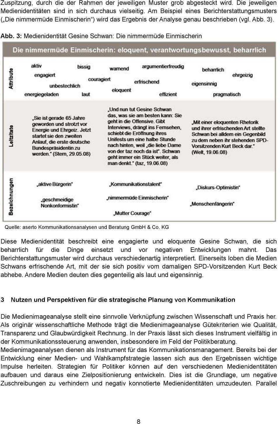 3). Abb. 3: Medienidentität Gesine Schwan: Die nimmermüde Einmischerin Quelle: aserto Kommunikationsanalysen und Beratung GmbH & Co.