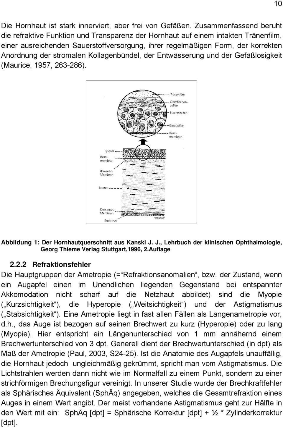 der stromalen Kollagenbündel, der Entwässerung und der Gefäßlosigkeit (Maurice, 1957, 263-286). Abbildung 1: Der Hornhautquerschnitt aus Kanski J.