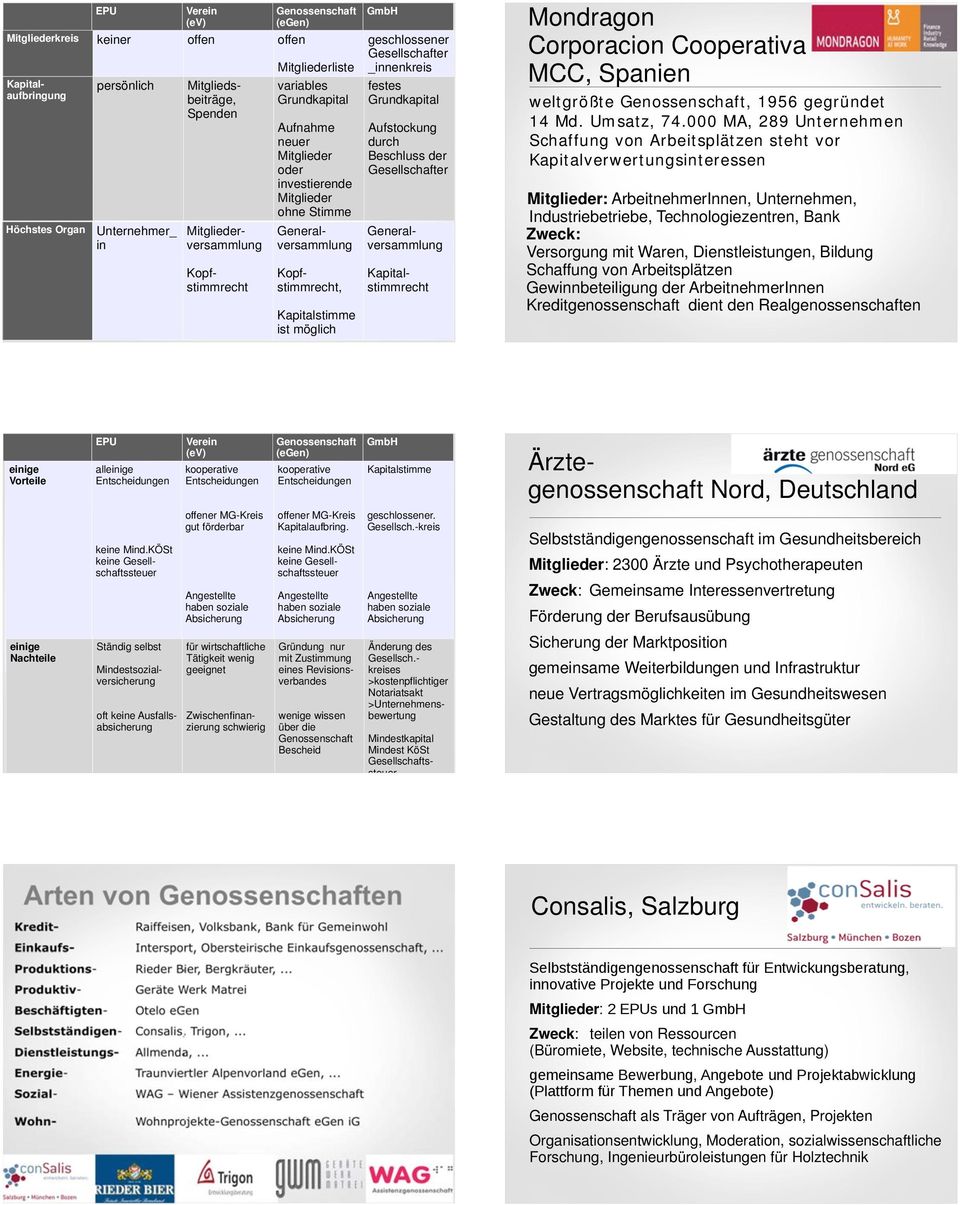 Mitglieder oder investierende Mitglieder ohne Stimme Generalversammlung Kopfstimmrecht, Generalversammlung Kapitalstimmrecht 14 Mondragon Corporacion Cooperativa MCC, Spanien weltgrößte