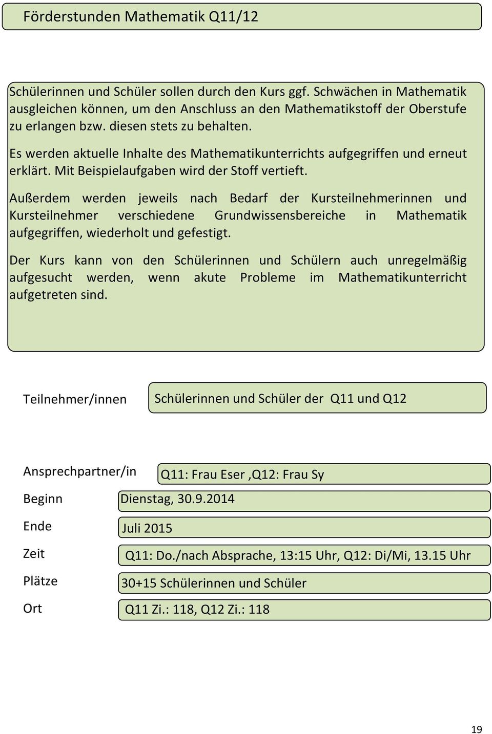 Außerdem werden jeweils nach Bedarf der Kursteilnehmerinnen und Kursteilnehmer verschiedene Grundwissensbereiche in Mathematik aufgegriffen, wiederholt und gefestigt.